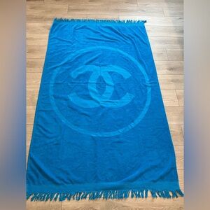 Vintage Chanel CC Logo Beach Towel Blue Cotton Made in Italy